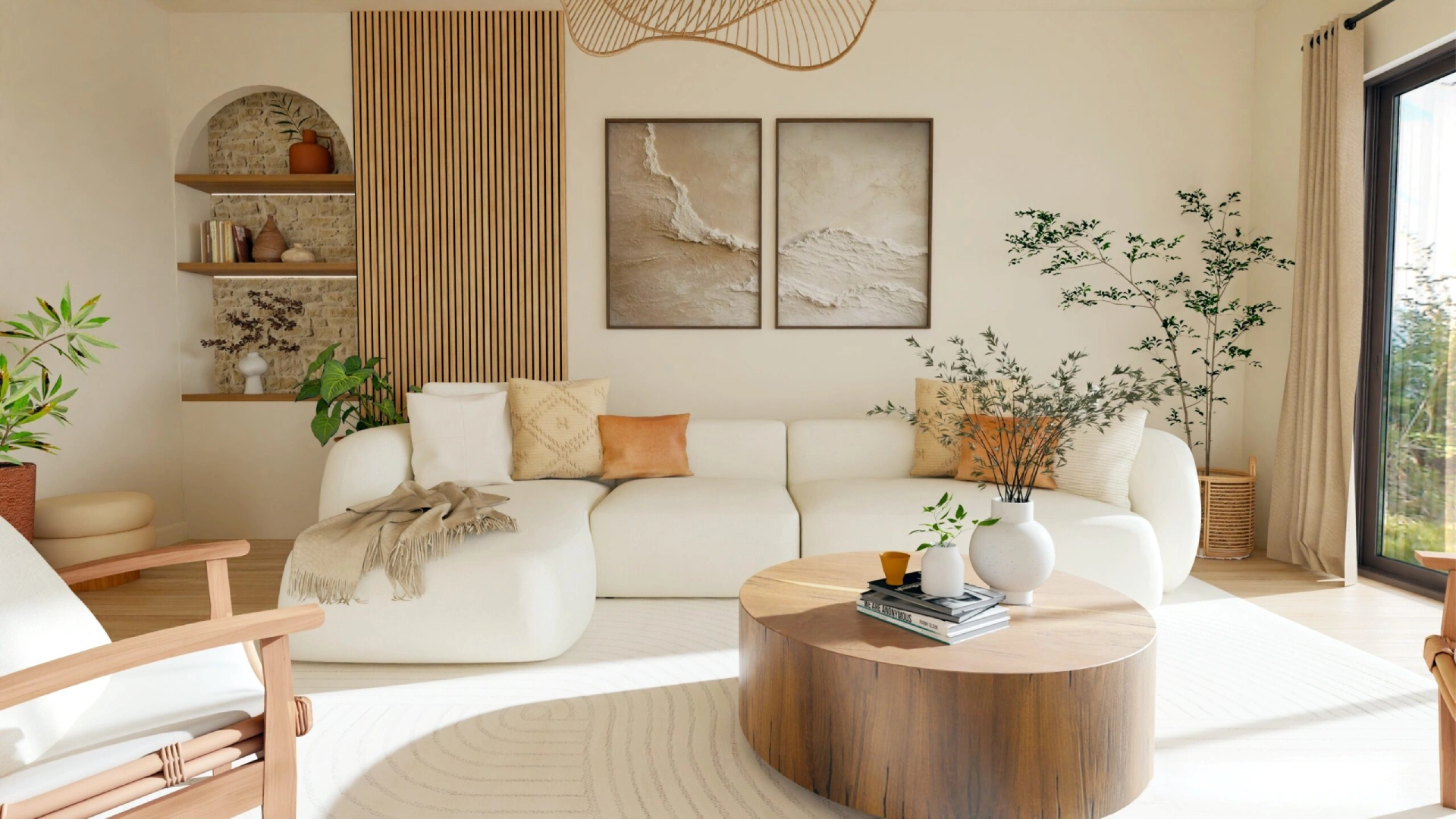 Conception 3D d'un salon chaleureux avec des matières naturelles, des tasseaux et du mobilier en bois, une suspension en rotin.