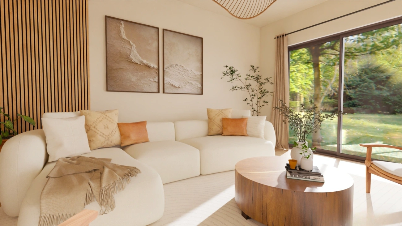 Photo réaliste d'une conception 3D d'un salon moderne et chaleureux, style japandi, avec des matières naturelles.