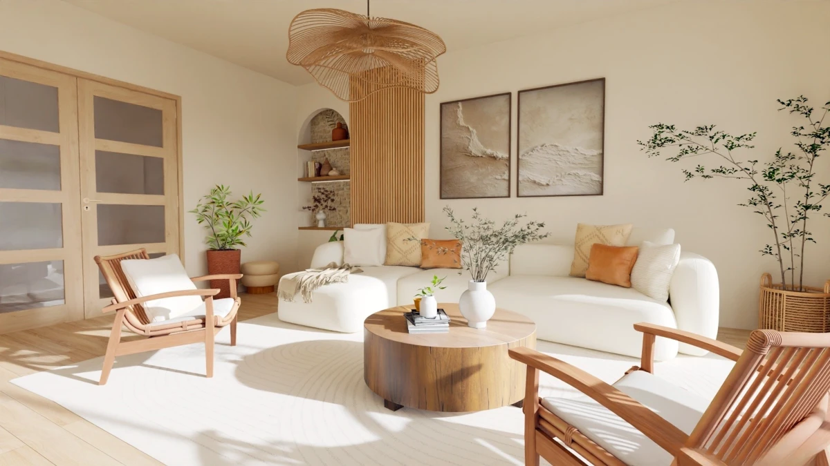 Projet 3D d'un salon chaleureux et naturel avec du beige, des touches de terracotta, des tasseaux de bois, un mur en pierre et du mobilier en bois massif.