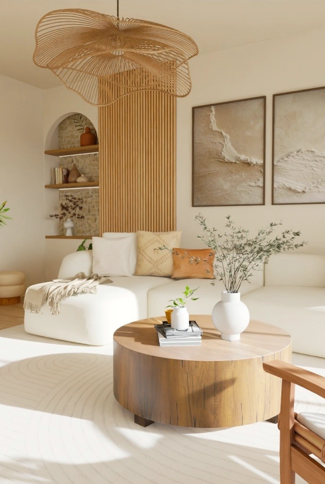 Salon chaleureux et lumineux avec des tasseaux de bois et une arche en pierre avec ruban led, du mobilier en bois et beige écru, projet 3D photoréaliste.