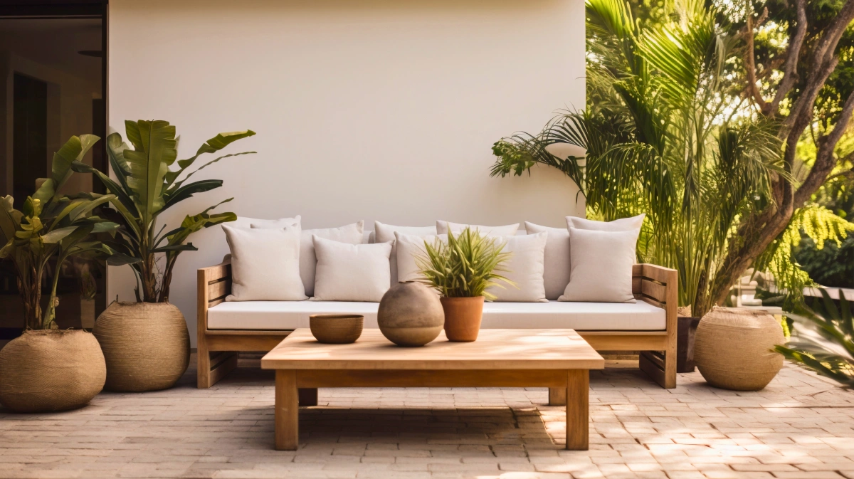 Salon de jardin en bois de teck, style Bali, méditerranéen avec des pots en terre cuite terracotta et des plantes exotiques.