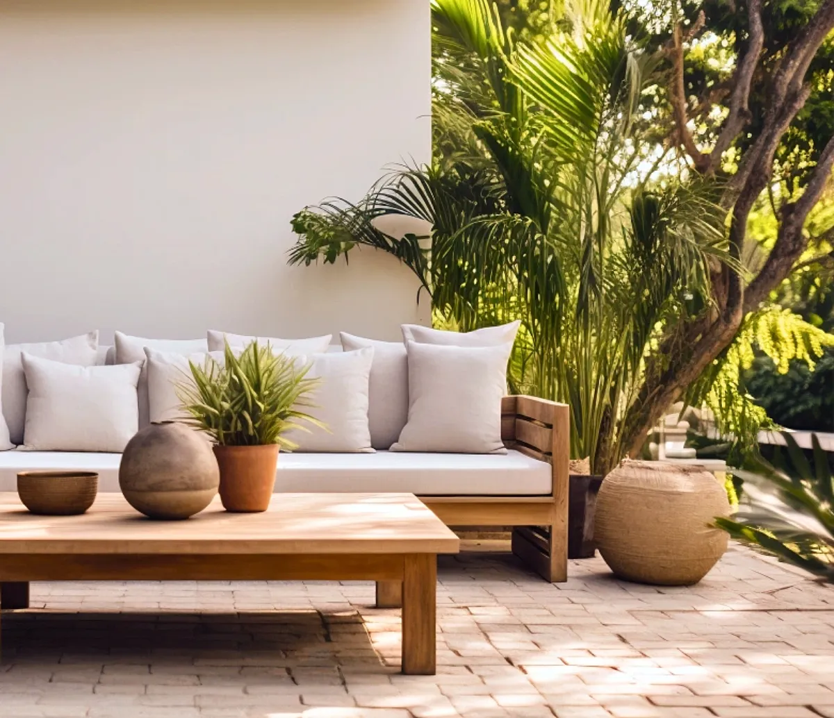 Salon de jardin en bois de teck, style Bali, méditerranéen avec des pots en terre cuite terracotta et des plantes exotiques.