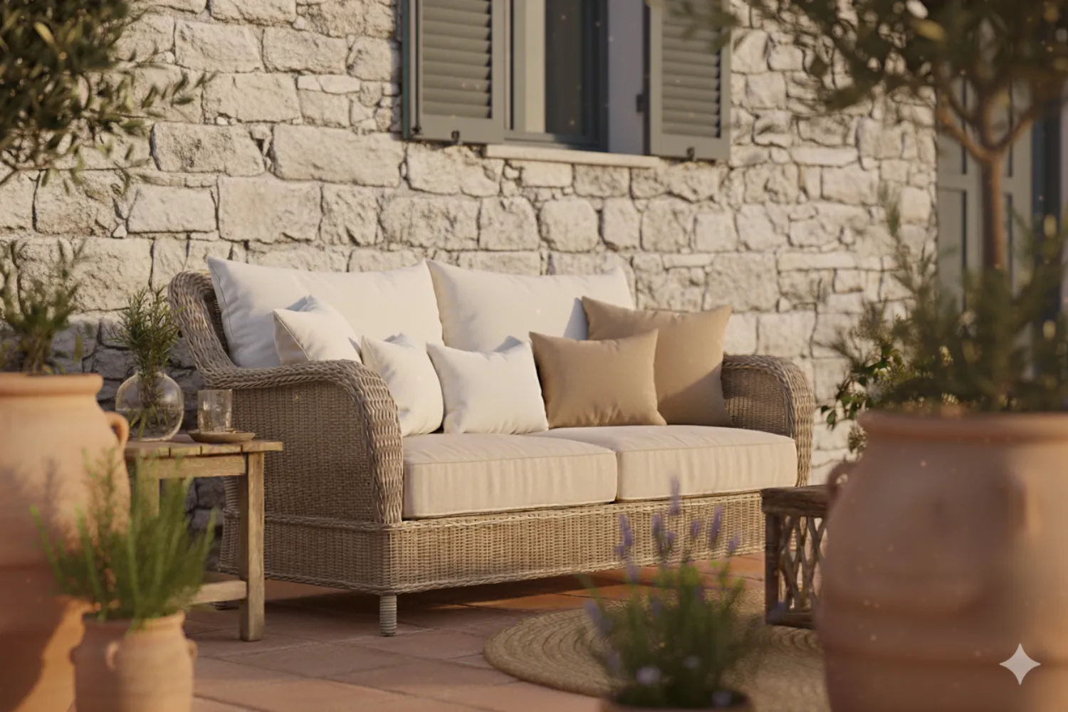 Terrasse aménagée style méditerranéen avec un mur en pierre de parement, un salon de jardin en rotin, des cousins blancs et beiges, et des pots en terre cuite.