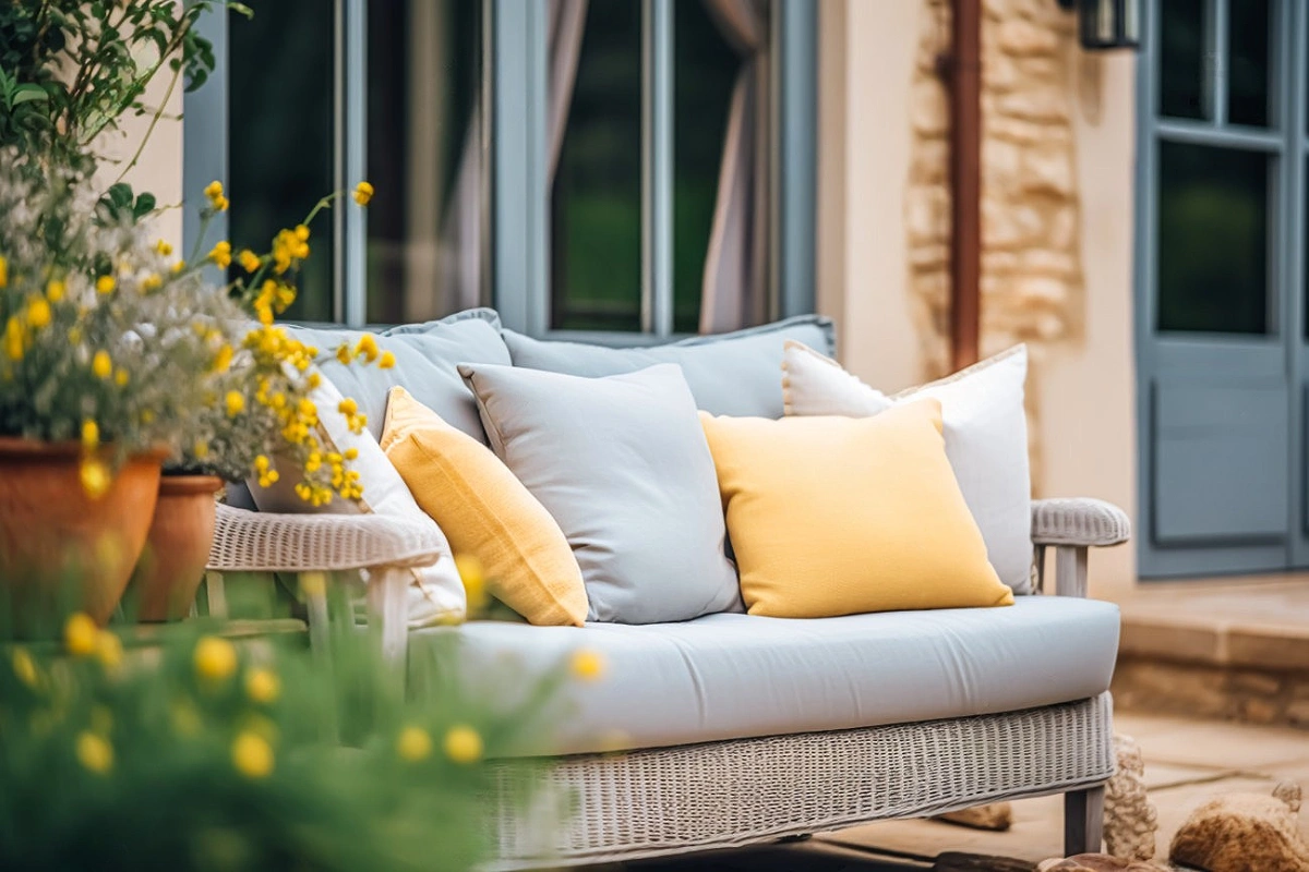 Terrasse aménagée cocooning avec salon de jardin en rotin, coussins jaunes lumineux et beiges, pots en terre cuite avec mimosa.