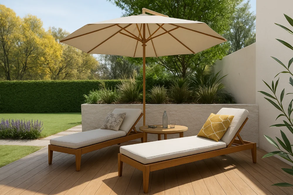 Projet 3D d'un extérieur aménagé avec une terrasse en bois et un salon de jardin avec bains de soleil, parasol, et une jardinière avec des plantes méditerranéennes.