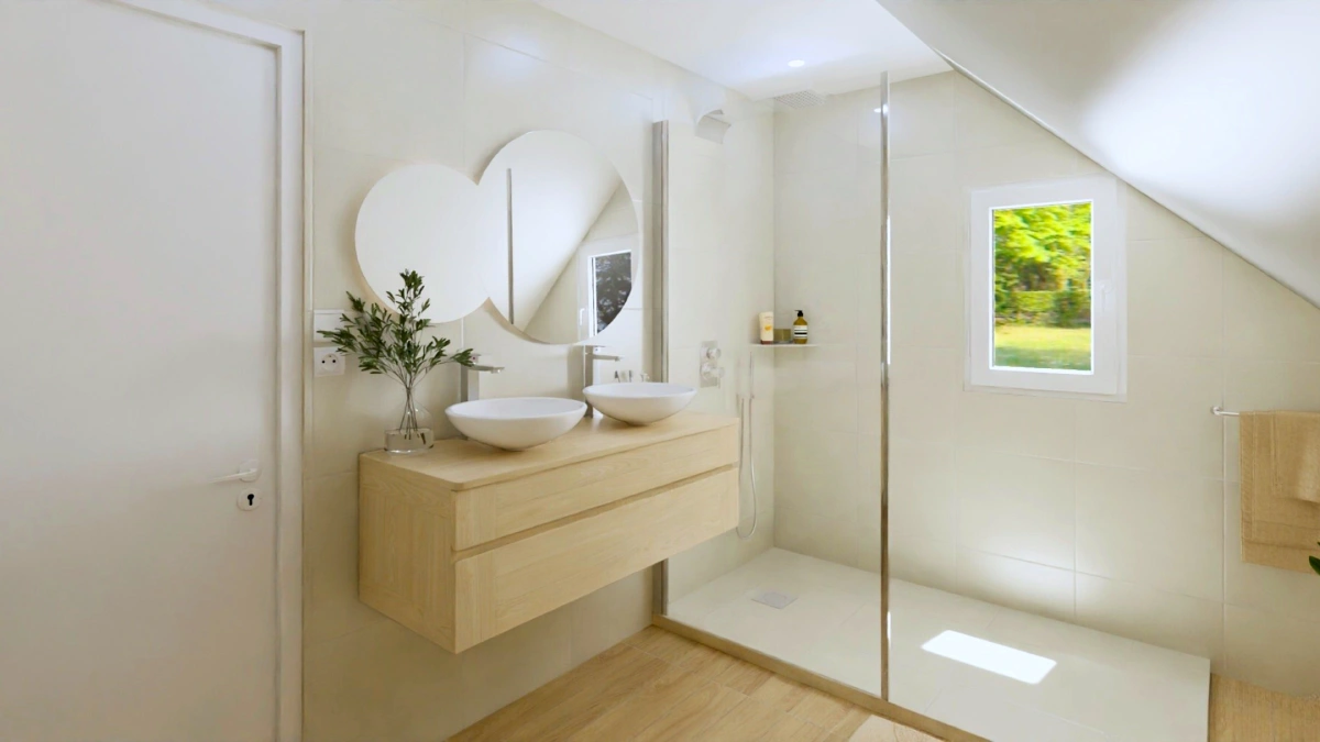 projet 3d salle de bain lumineuse bois et pierre Réalisations