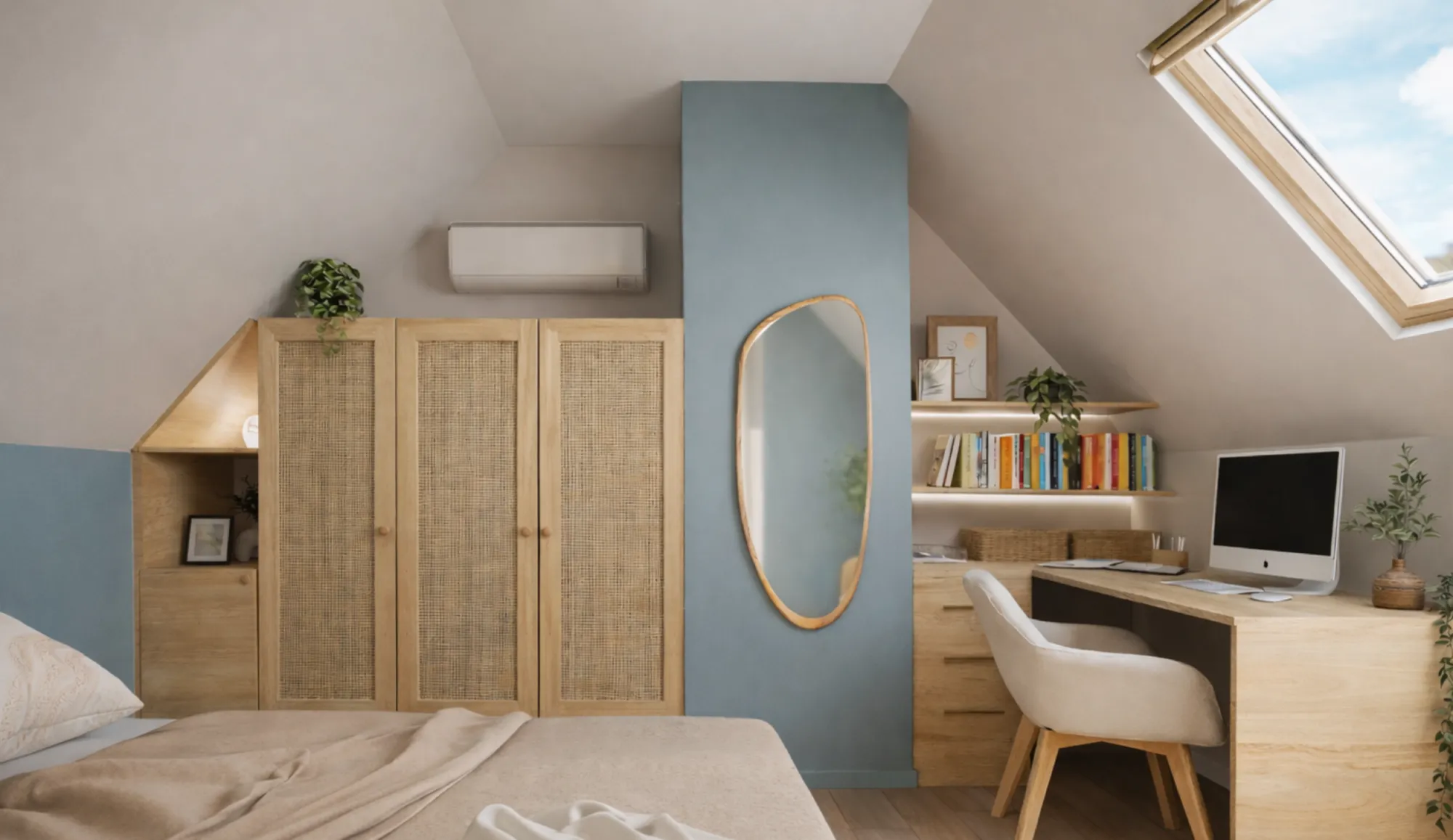 chambre avec dressing et bureau projet 3d Projet client - Une chambre bleue naturelle et apaisante