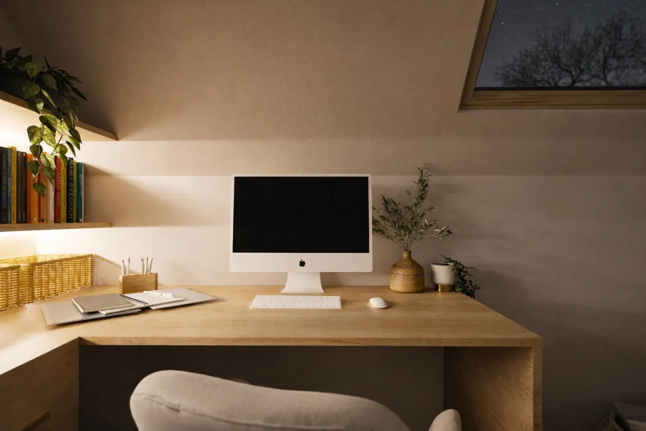 projet 3d bureau sur mesure etageres ruban led nuit Projet client - Une chambre bleue naturelle et apaisante