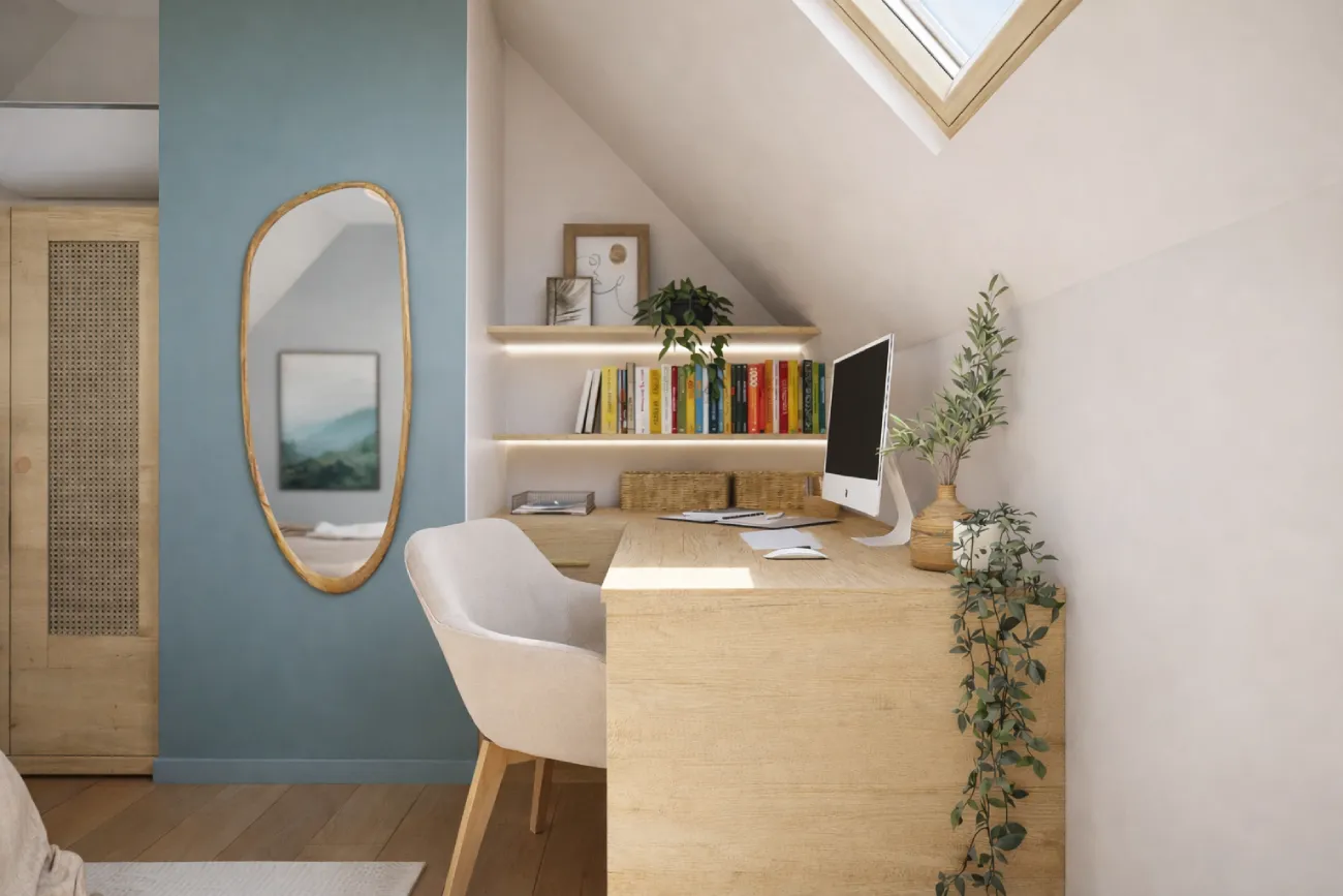 projet 3d bureau sur mesure ruban led jour Projet client - Une chambre bleue naturelle et apaisante