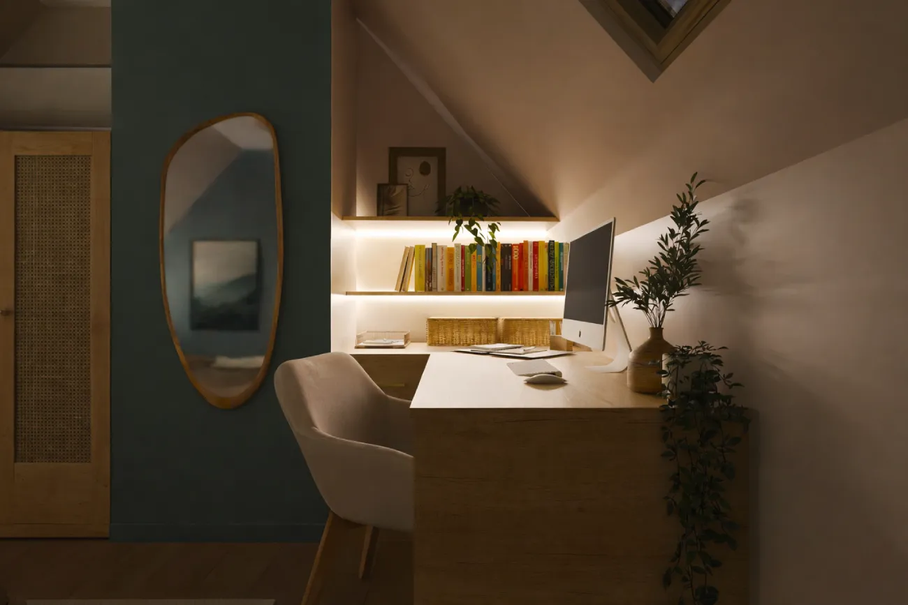 projet 3d bureau sur mesure ruban led nuit Projet client - Une chambre bleue naturelle et apaisante