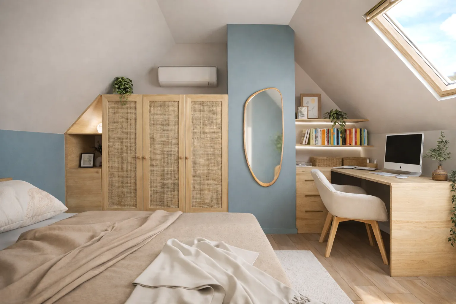 projet 3d chambre avec dressing et bureau 1 Projet client - Une chambre bleue naturelle et apaisante