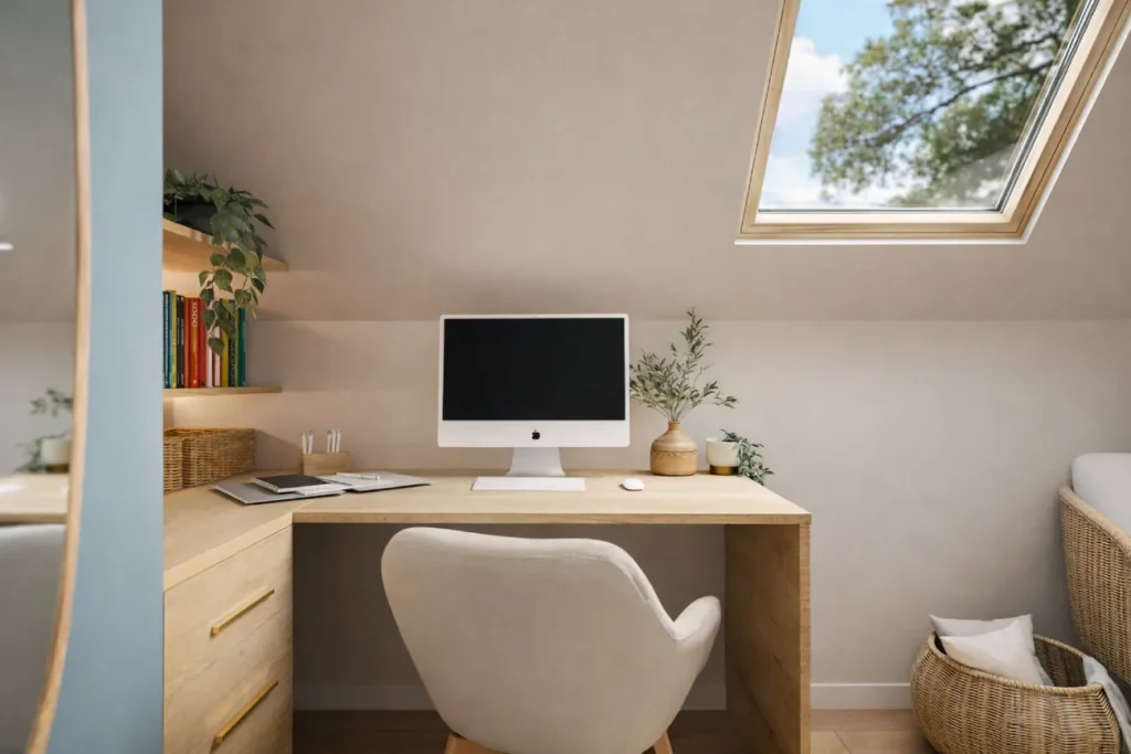 projet 3d chambre avec espace bureau sur mesure Projet client - Une chambre bleue naturelle et apaisante