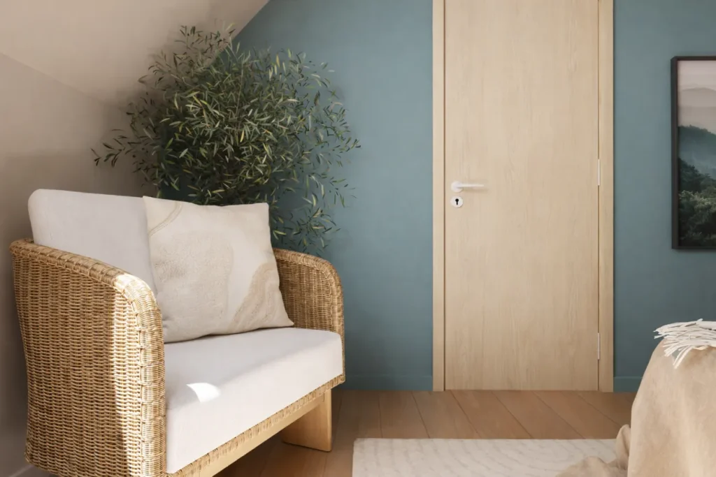 projet 3d chambre naturelle et apaisante fauteuil rotin Projet client - Une chambre bleue naturelle et apaisante