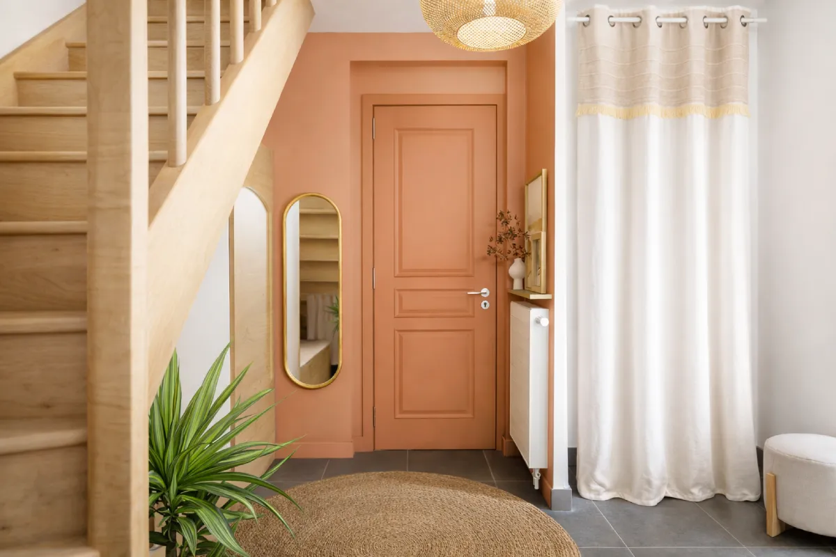 projet 3d decoration entree murs couleur terracotta 1 Projet client - Une entrée accueillante et chaleureuse