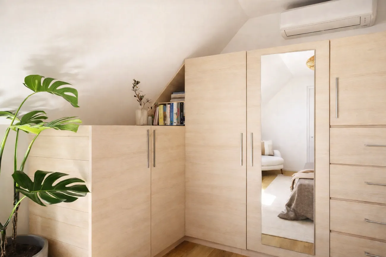 projet 3d dressing sur mesure en angle avec miroir 1 Projet client - Un dressing sur-mesure sous pente