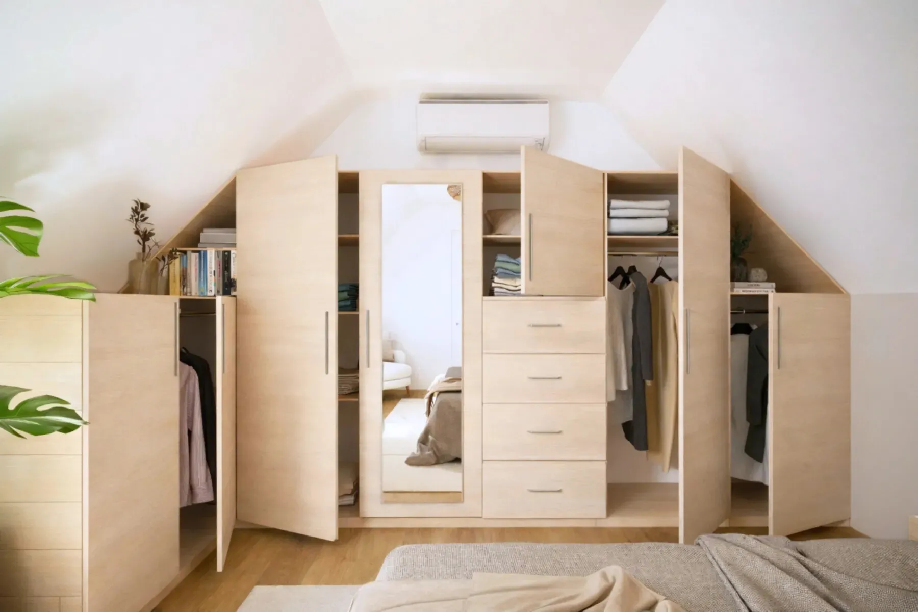 projet 3d dressing sur mesure en bois portes fermees 2 Projet client - Un dressing sur-mesure sous pente