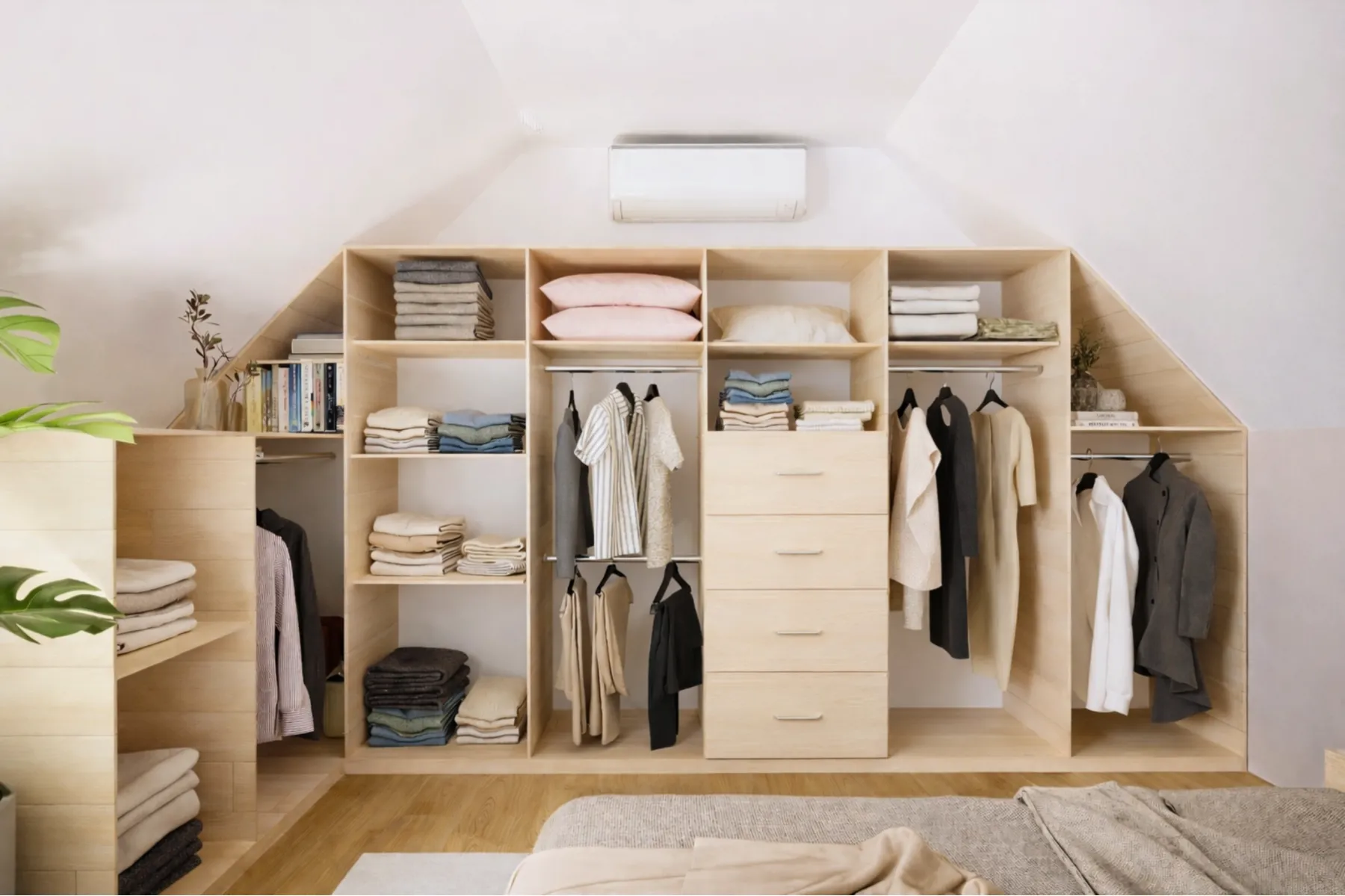 projet 3d dressing sur mesure en bois portes ouvertes 4 Projet client - Un dressing sur-mesure sous pente