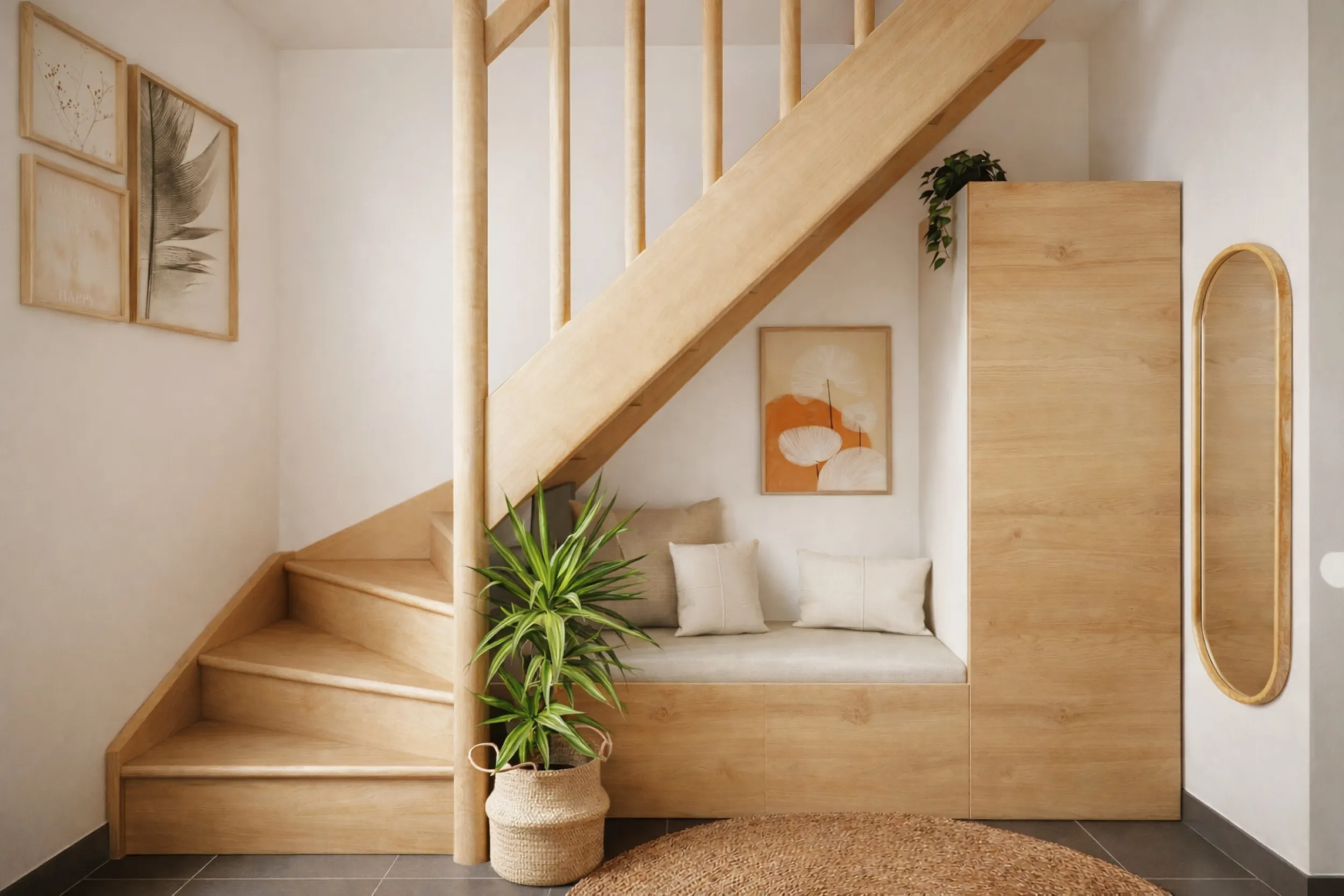 Projet 3D d'une entrée accueillante, chaleureuse et confortable avec des rangements sous-escaliers  pour ranger les manteaux et les chaussures, une banquette intégrée, et un miroir en bois.