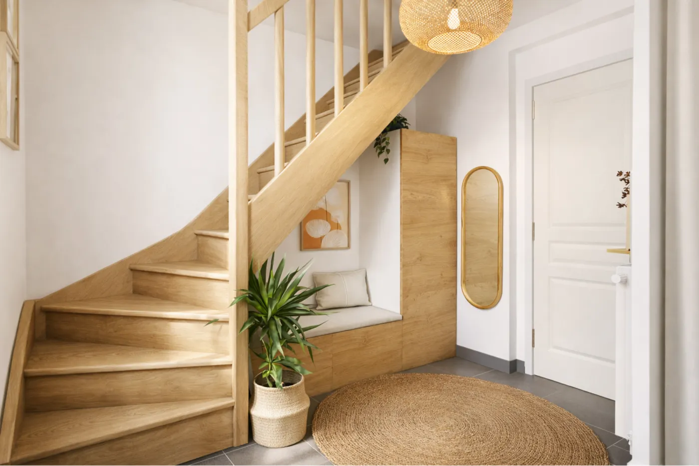 projet 3d entree decoration naturelle avec banquette et rangements sous escalier Projet client - Une entrée accueillante et chaleureuse