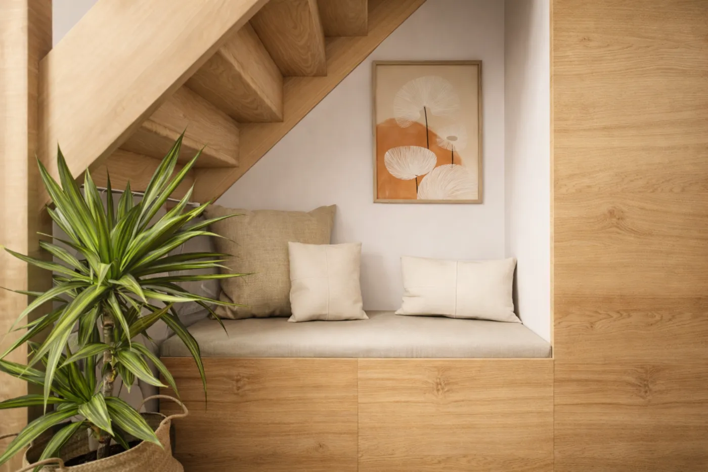 projet 3d rangements sous escalier avec banquette integree Projet client - Une entrée accueillante et chaleureuse