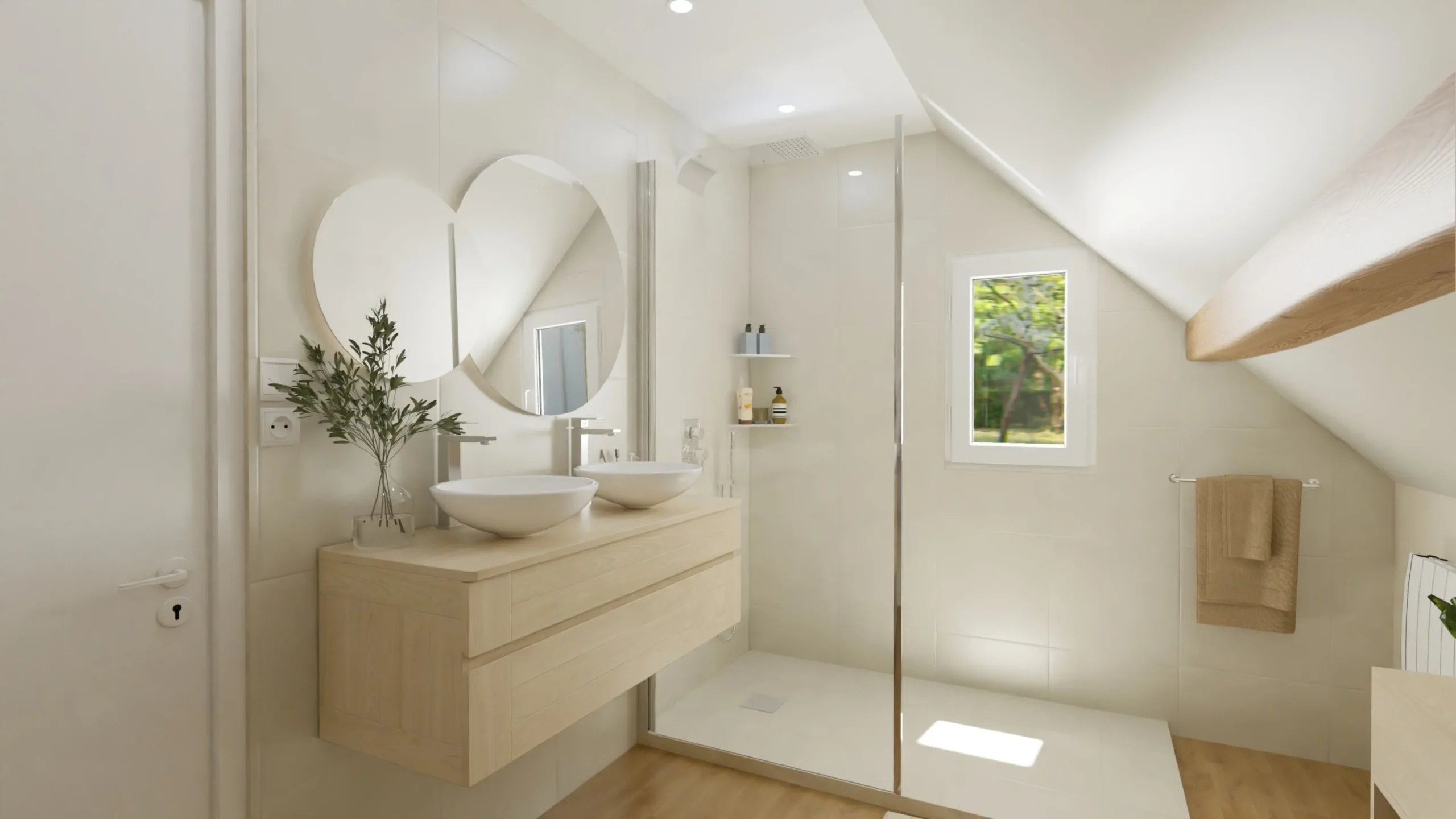 Projet 3D d'une salle de bain lumineuse avec une douche à l'italienne, du mobilier suspendu en chêne massif, des doubles vasques à poser et un miroir led.