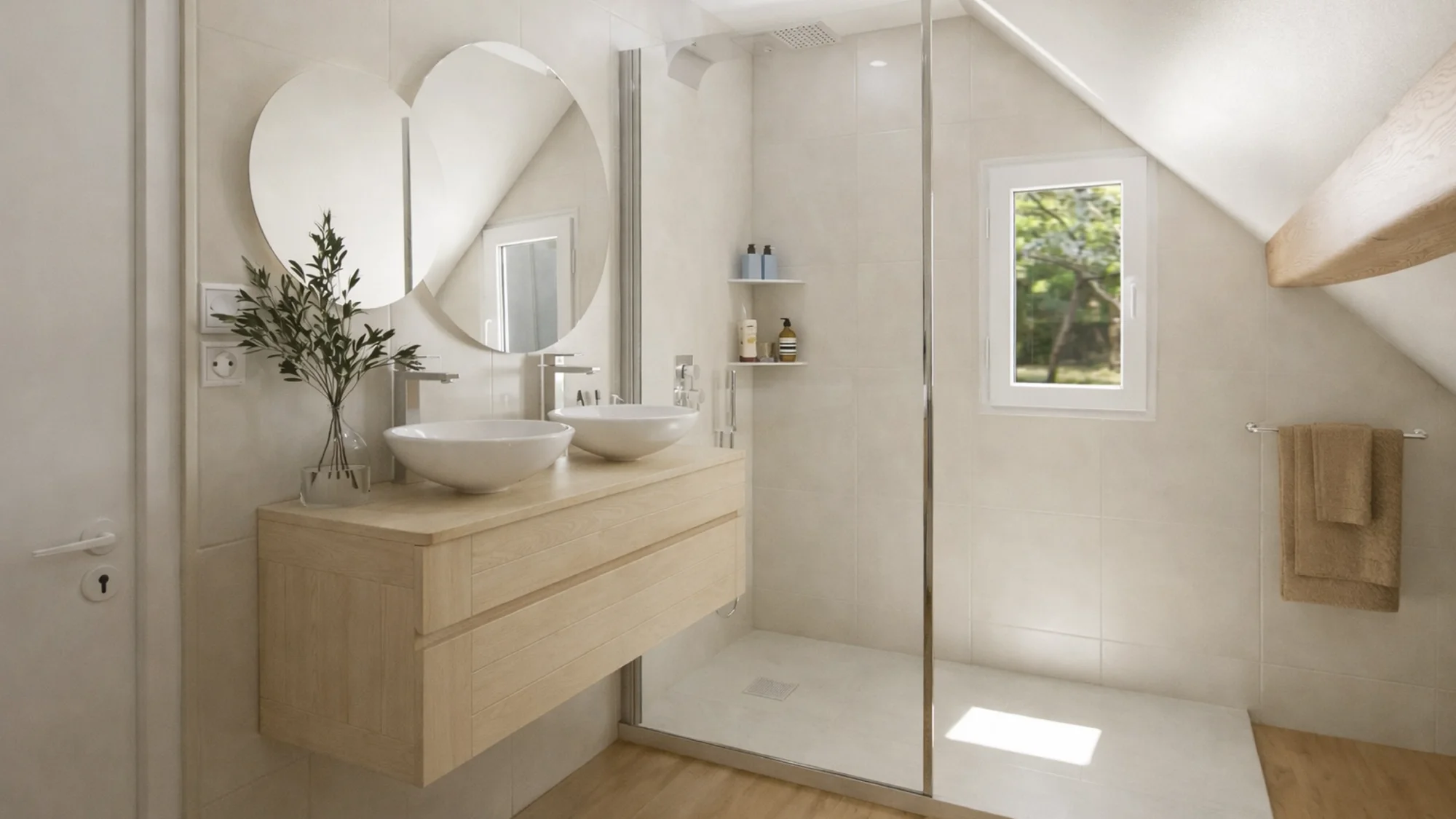 projet 3d salle de bain moderne lumineuse naturelle bois et pierre1 Projet client - Transformation d'une salle de bain