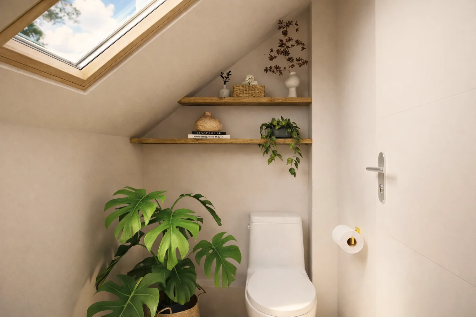Visuel 3D d'un projet de rénovation de toilettes avec une ambiance douce et végétale avec des étagères en bois brut.