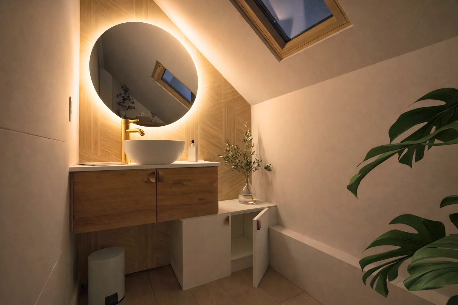Visuel 3D d'un projet de rénovation de toilettes avec un meuble sur-mesure léger et fonctionnel sur deux niveaux avec portes en bois brut et poignées en laiton.