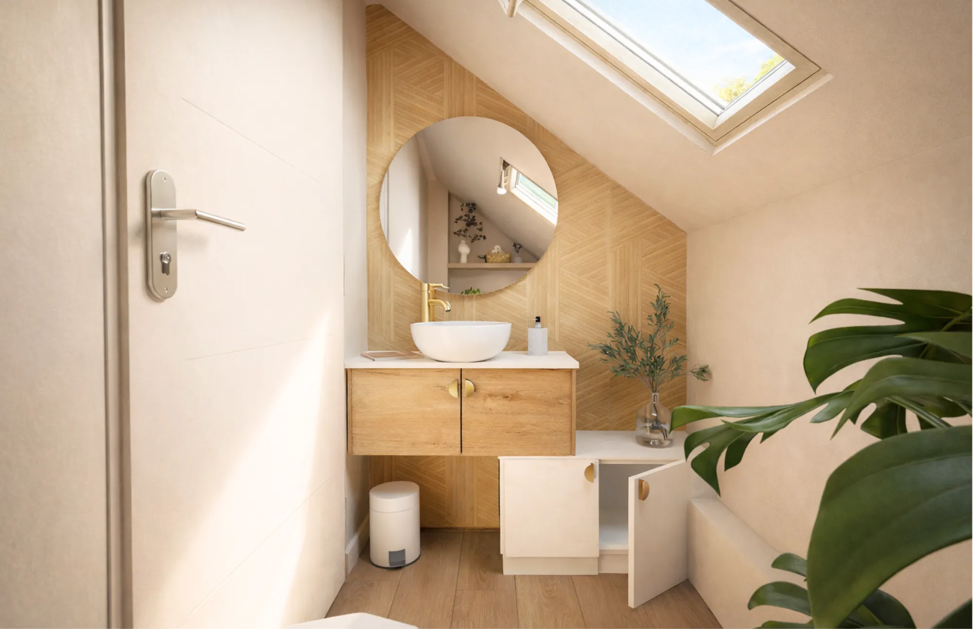 visuel 3d toilettes naturel chaleureux avec meuble sur mesure en bois Réalisations