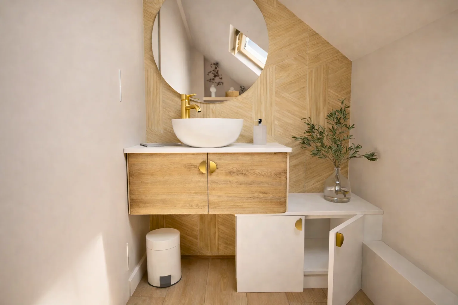 Projet 3D de toilettes à la décoration douce, naturelle et végétale avec du carrelage effet tasseaux de bois, un meuble sur-mesure léger et fonctionnel sur deux niveaux.
