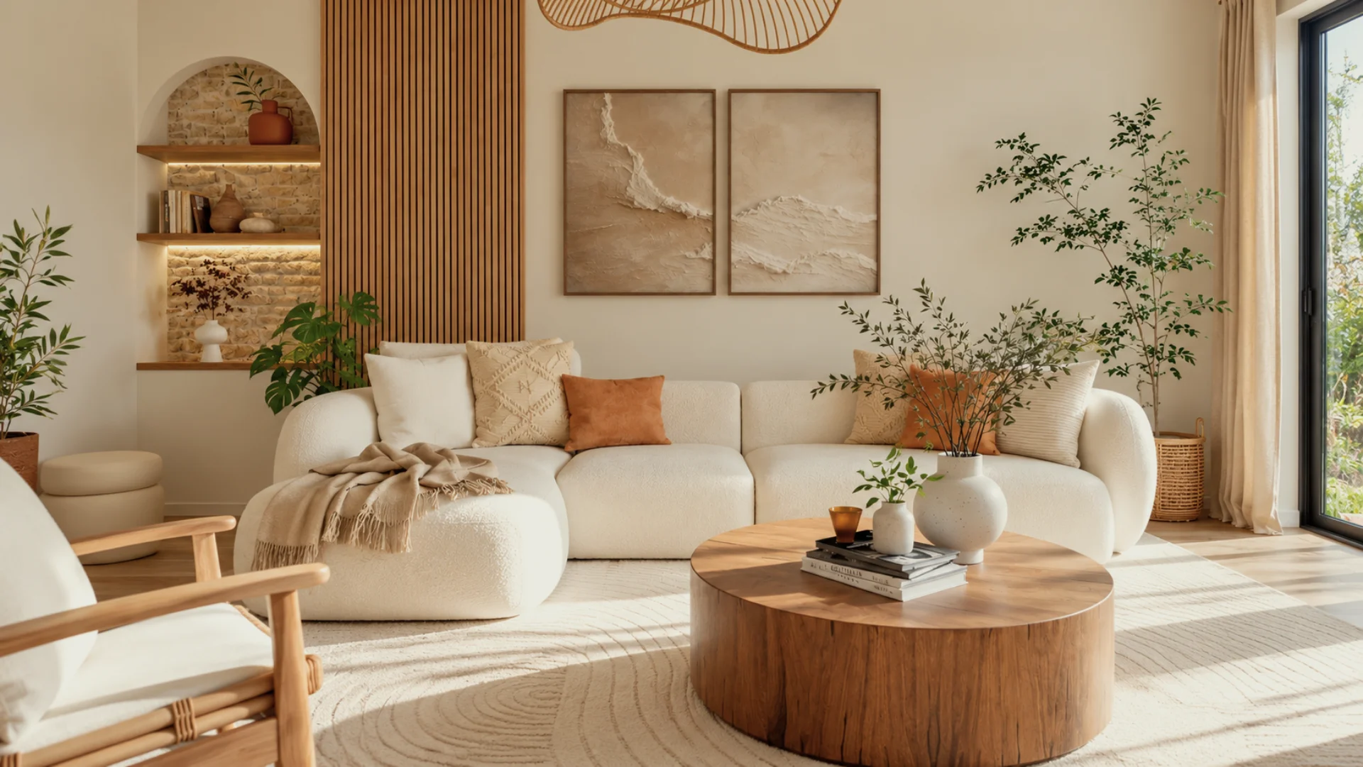 salon chaleureux naturel lumineux mobilier bois arche pierre 3d Accueil