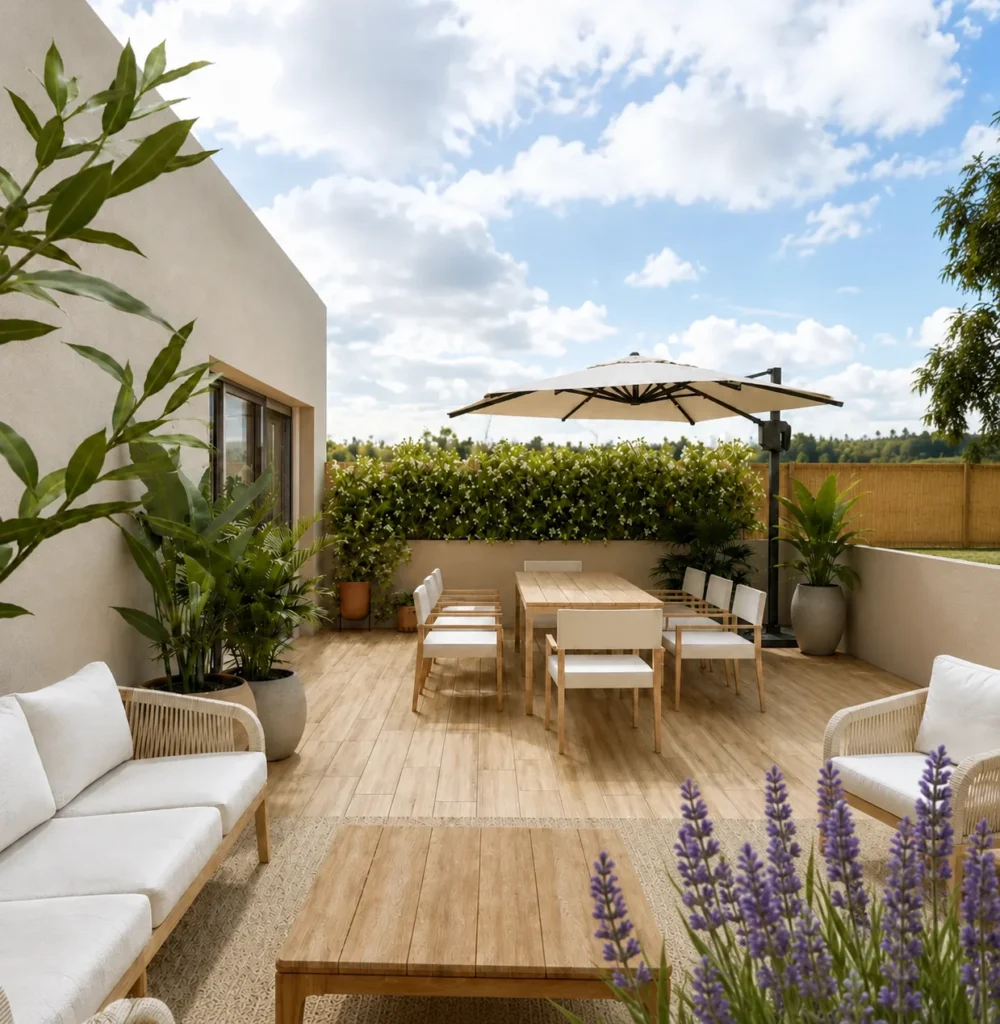 amenagement terrasse avec salon de jardin et vegetation ambiance chaleureuse 2 Aménagement extérieur