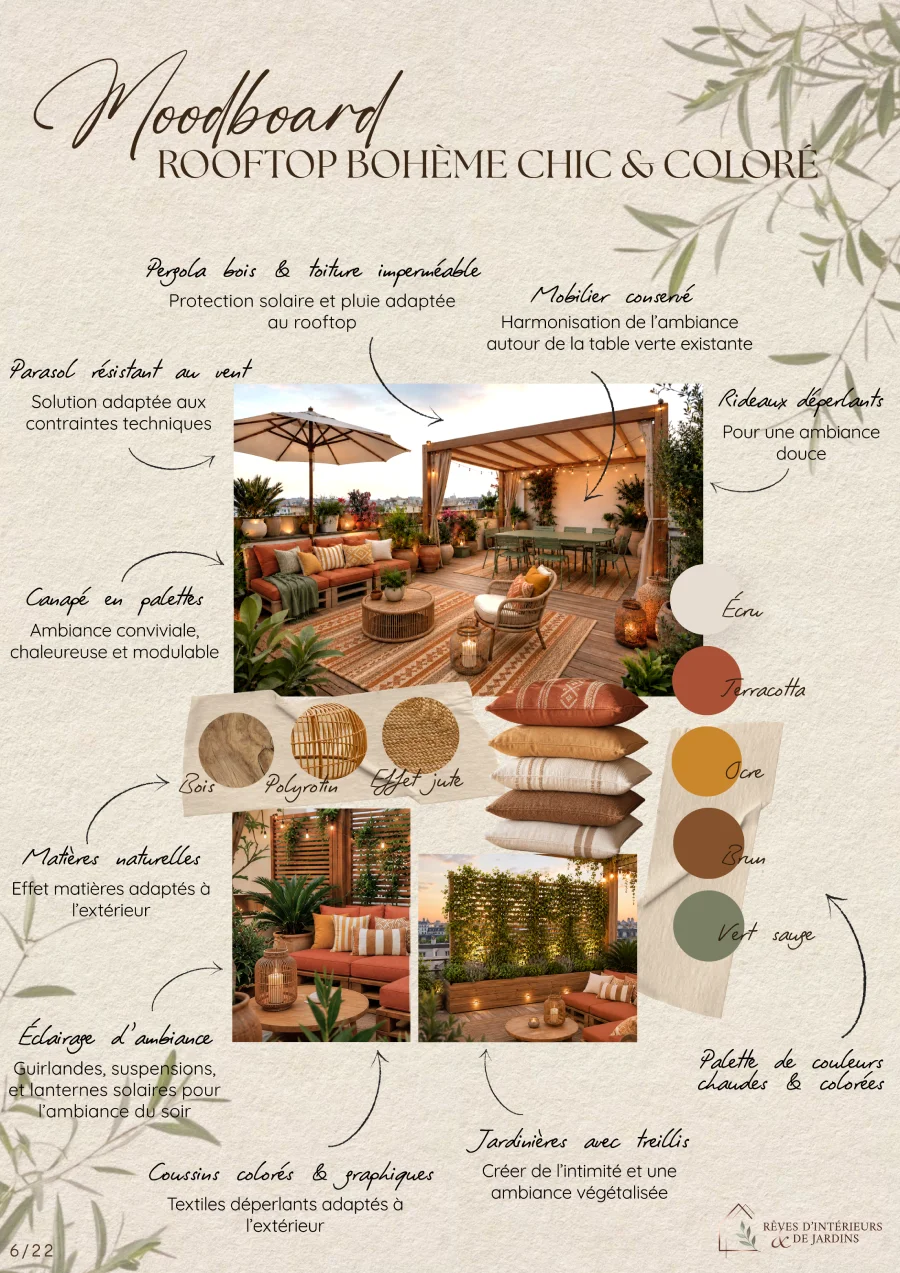 moodboard annote rooftop parisien style boheme chic et colore Aménagement d'un rooftop parisien
