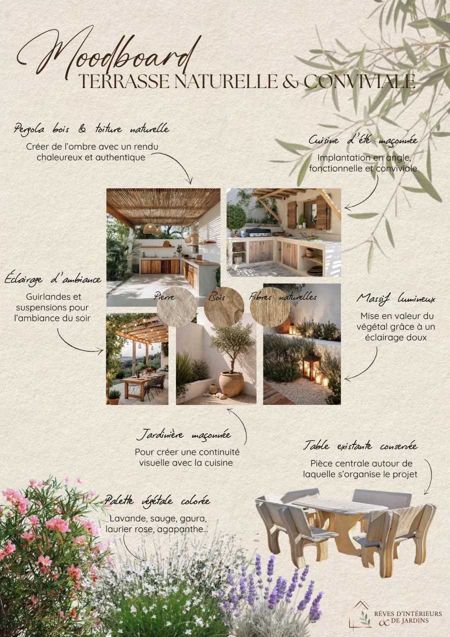 Moodboard annoté d'une terrasse aménagée avec cuisine d'été, éclairage et végétation, dans une ambiance naturelle et méditerranéenne.