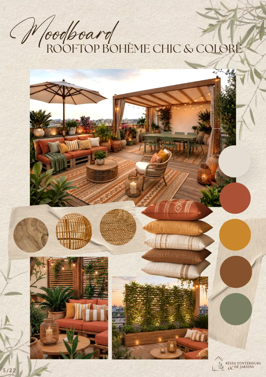 moodboard rooftop parisien style boheme chic et colore Aménagement d'un rooftop parisien