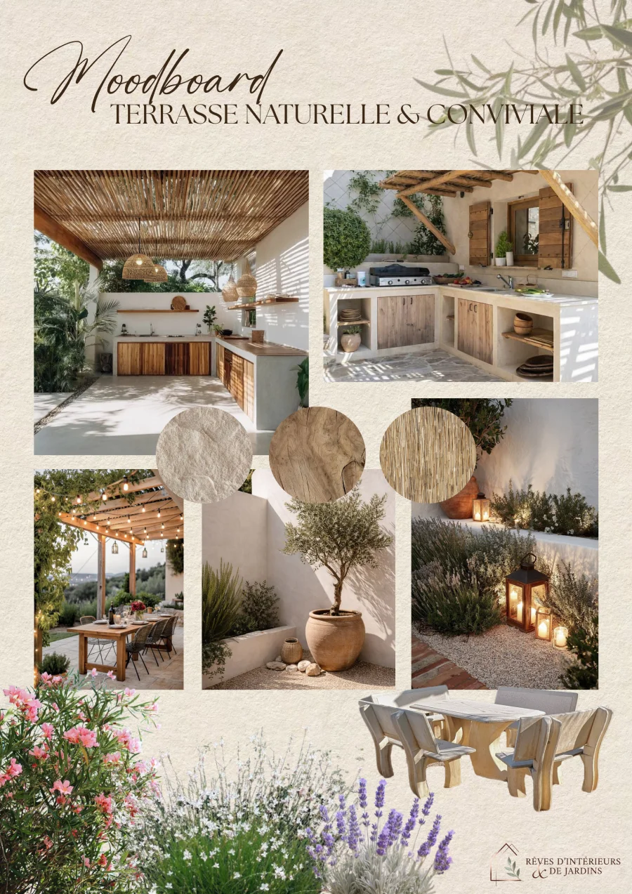 Moodboard d'une terrasse aménagée avec cuisine d'été, éclairage et végétation, dans une ambiance naturelle et méditerranéenne.