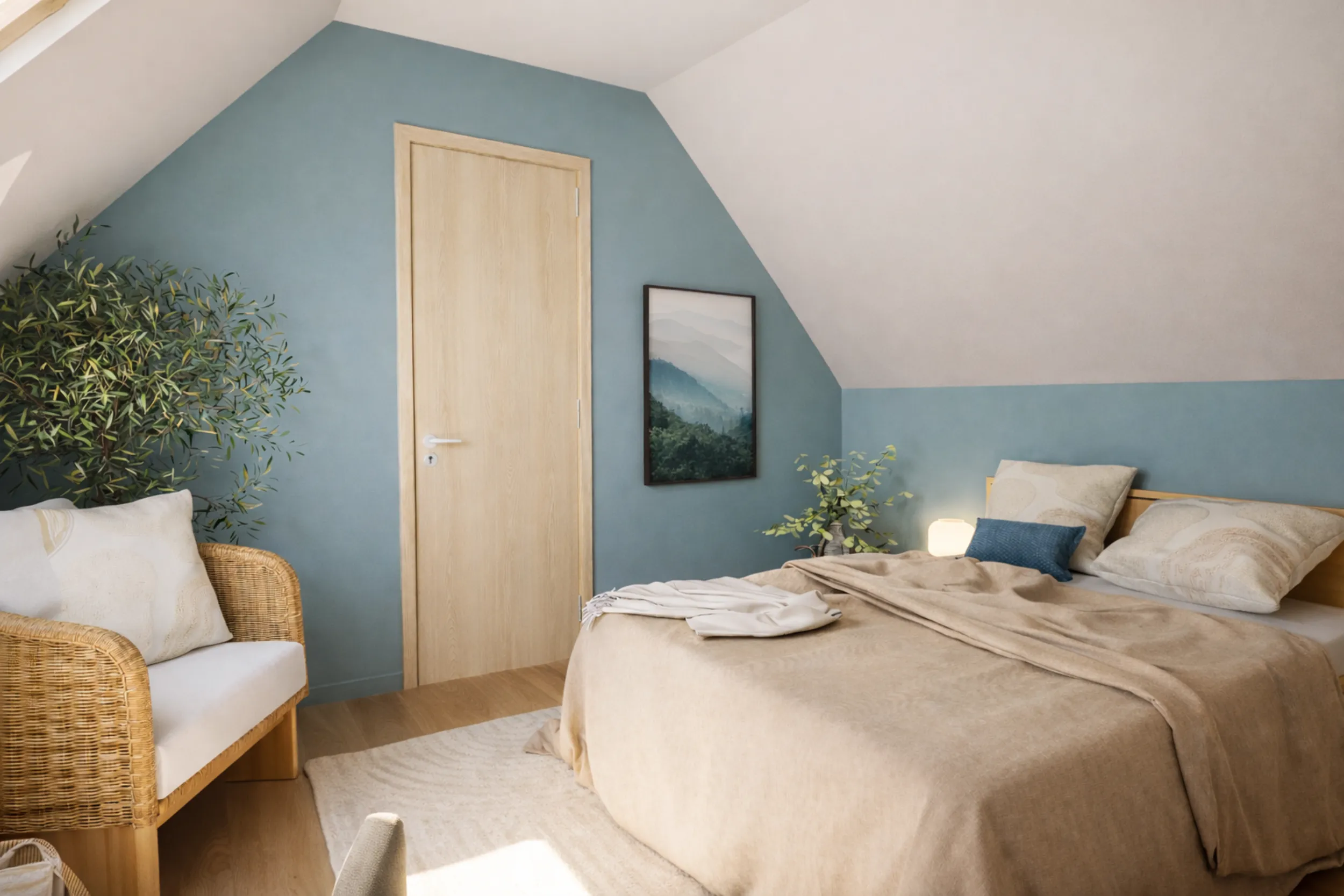 projet 3d chambre bleue naturelle et apaisante Le projet d'aménagement intérieur