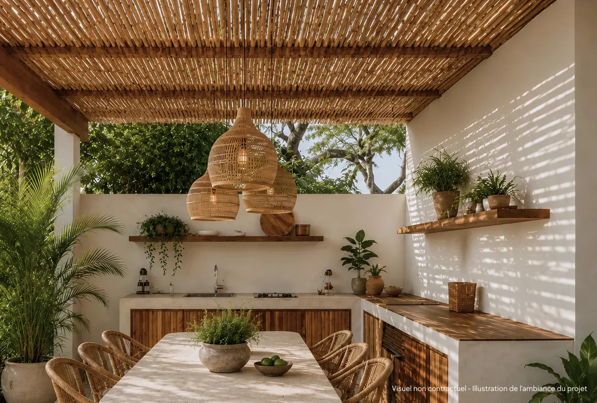 terrasse amenagee avec pergola bois table en pierre et cuisine dete Réalisations