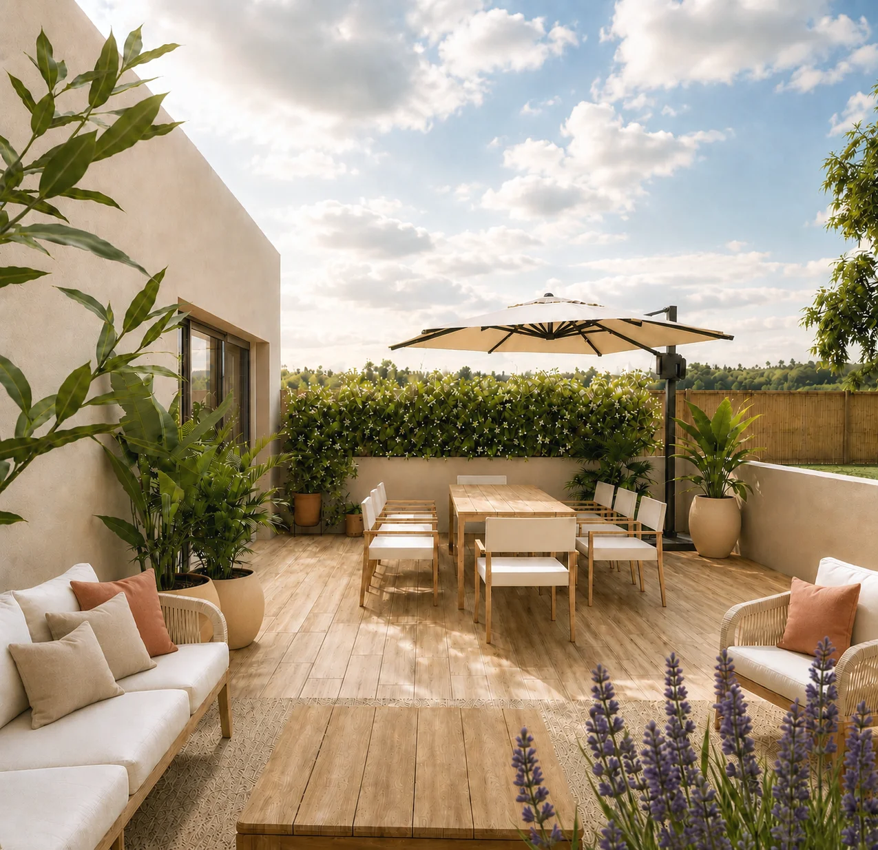 amenagement de terrasse salon de jardin vegetation ambiance chaleureuse Conception 3D extérieur
