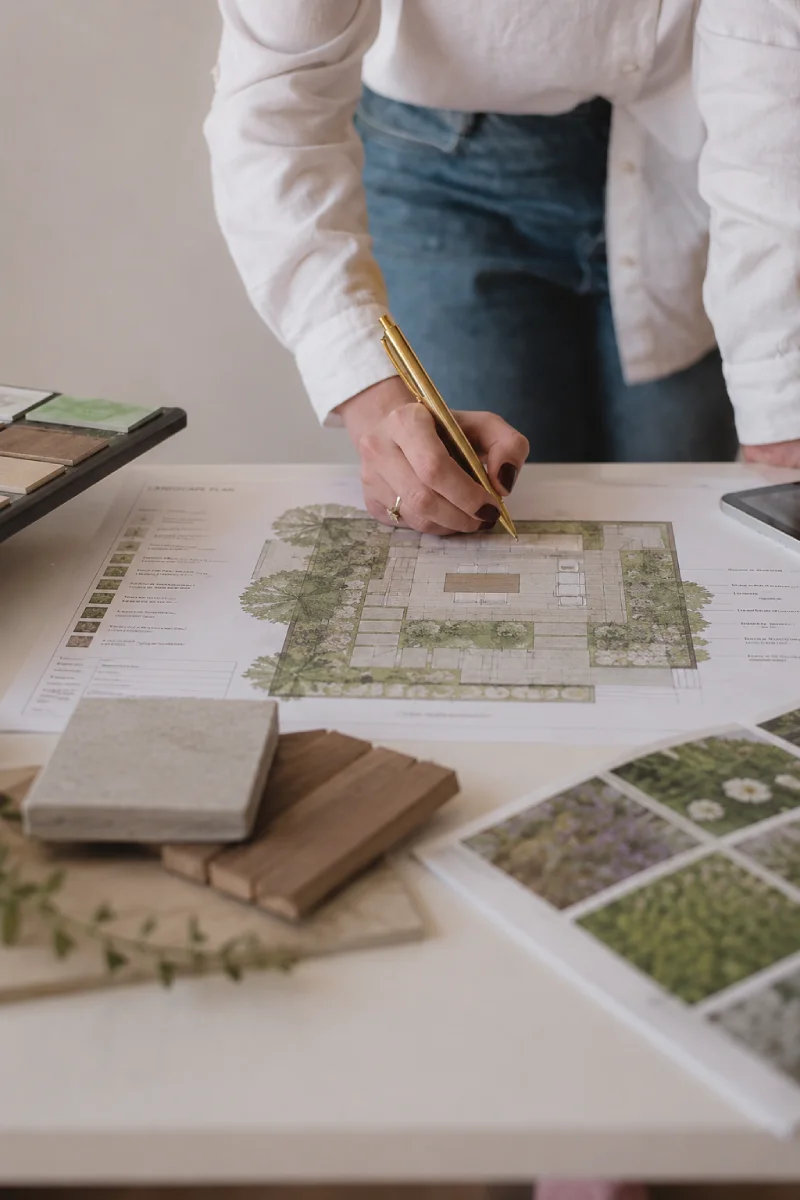 Projet d'aménagement extérieur avec plan 2D, choix des matériaux, circulation, mobilier et végétaux.