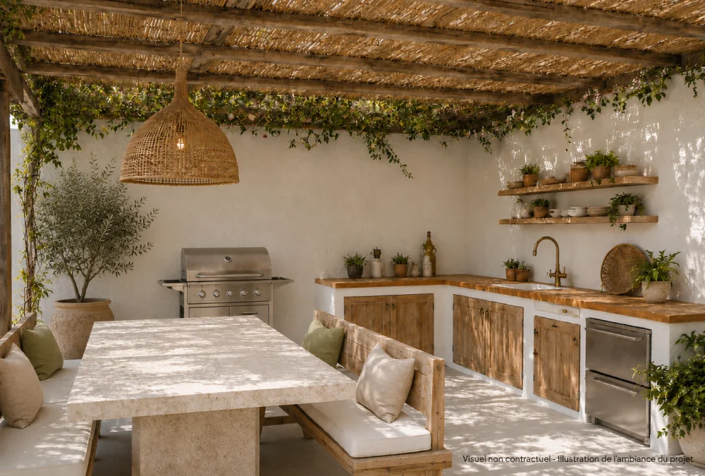 terrasse avec pergola bois table en pierre et cuisine dete Réalisations